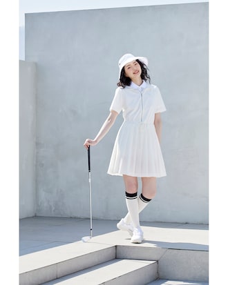 카라 반팔 우븐 드레스