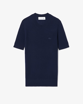 파인 메리노울 립조직 반팔 스웨터