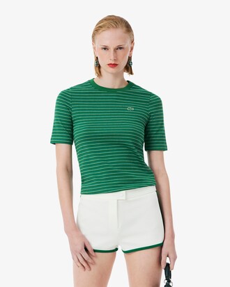 여성 파인 스트라이프 슬림 크루넥 티셔츠