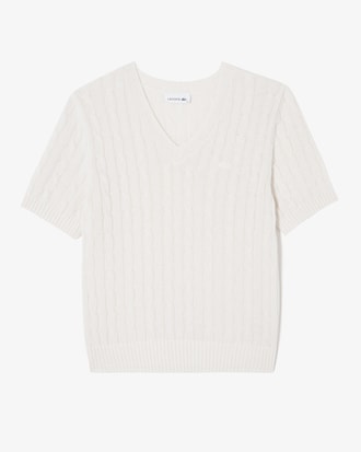 케이블 반팔 브이넥 스웨터