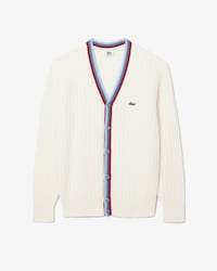 탑티어 배색 립조직 V넥 가디건