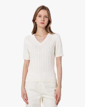 케이블 반팔 브이넥 스웨터