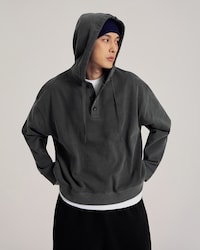 워싱 버튼 후드 풀오버